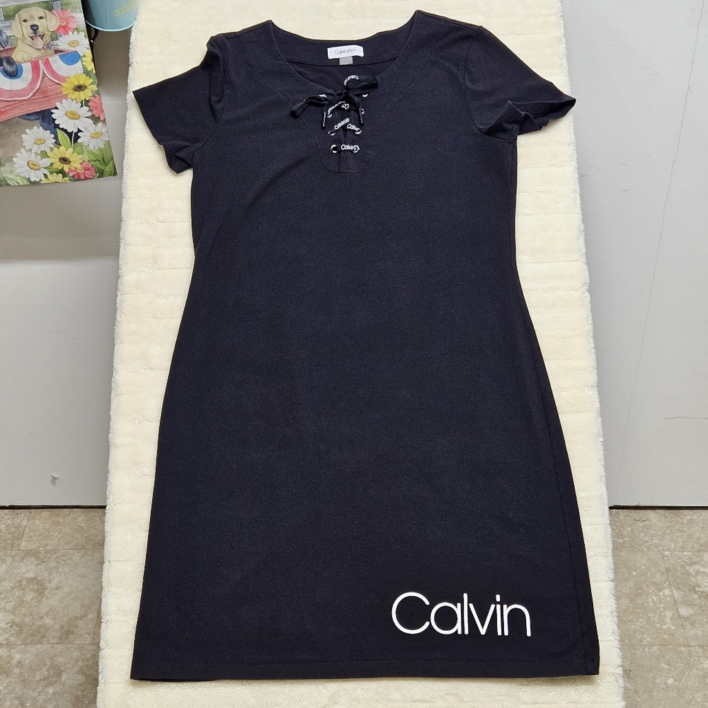 Calvin Klein Black Lace-Up T-Shirt Mini Dress Size M Logo Stretch Casual Y2K